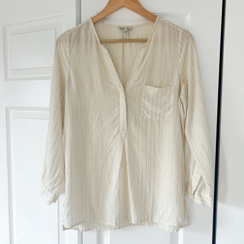 Joie 100% Silk Sheer Stripe Button Henley Blouse Top Cream Ivory XS